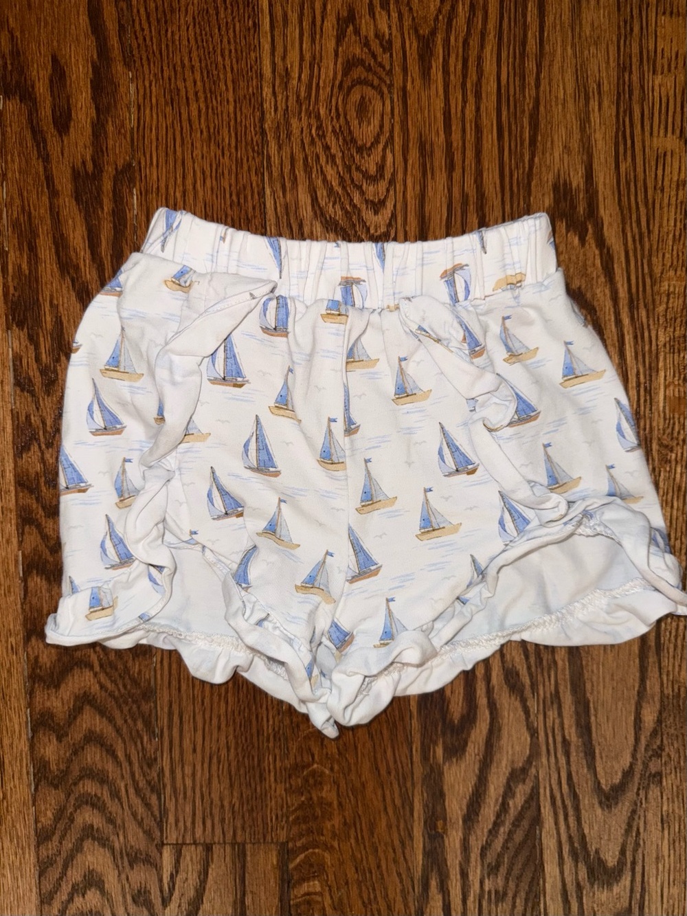 Amazon White Sailboat Ruffle Shorts with Blue and Tan Boats